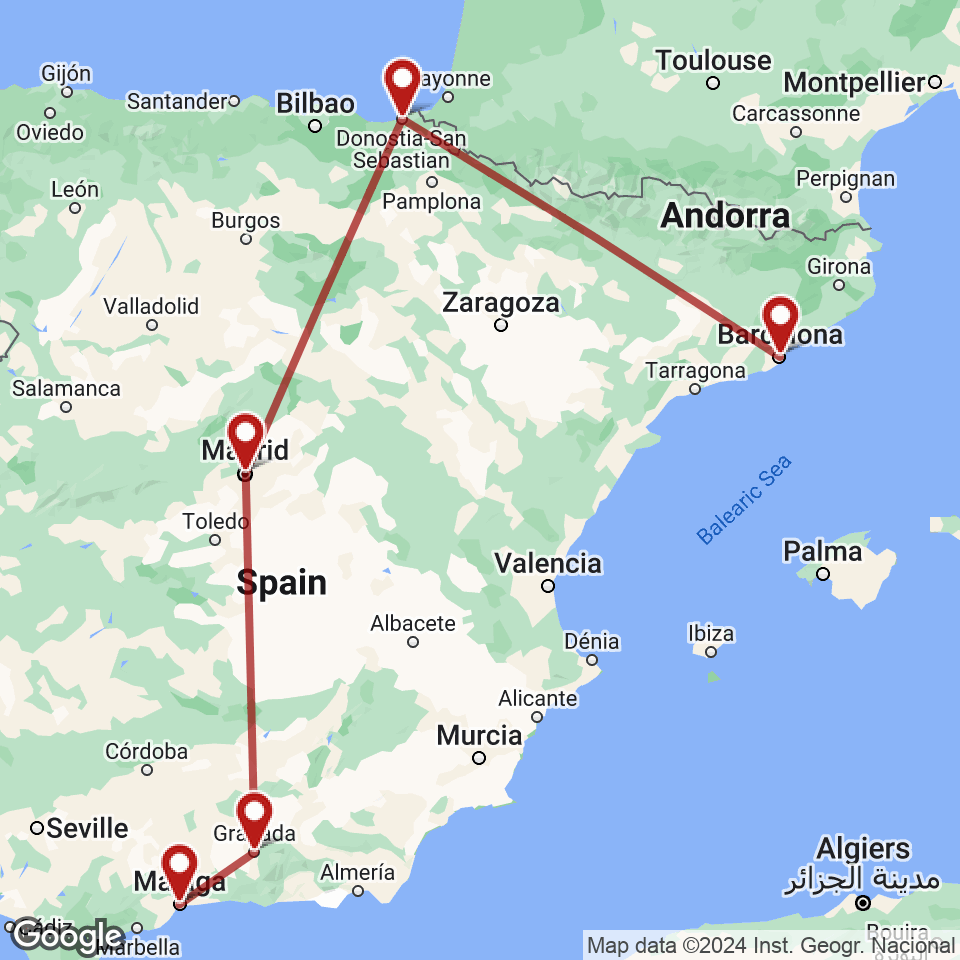 Route for Barcelona, San Sebastian, Madrid, Granada, Malaga tour